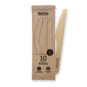 BIOPAK 10 PACK 16CM WOODEN KNIFE IN PAPER SLEEVES - Packware