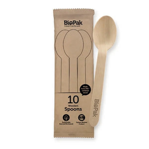 BIOPAK 10 PACK 16CM WOODEN SPOON IN PAPER SLEEVES - Packware