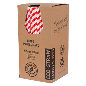 Jumbo Red Striped Paper Straws - 2500 per Carton (250 per Box) - Packware