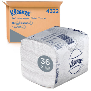 KLEENEX® Soft Interleaved Toilet Tissue (4322), 2 ply Toilet Paper, 36 Packs / Case, 250 Sheets / Pack (9,000 Sheets) - Packware