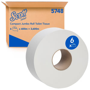 SCOTT® Compact Jumbo Roll Toilet Tissue (5748), 1 Ply, 6 Rolls / Case, 600m / Roll (3,600m) - Packware